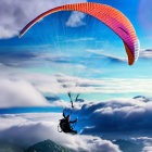 Paraglider flying over lush mountains with orange wing in blue sky