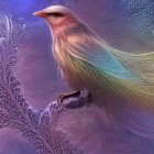 Colorful Bird Digital Artwork on Fractal Branch with Purple Background
