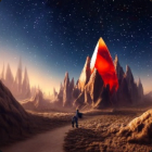 Backpacker walking to glowing crystal mountains on alien planet