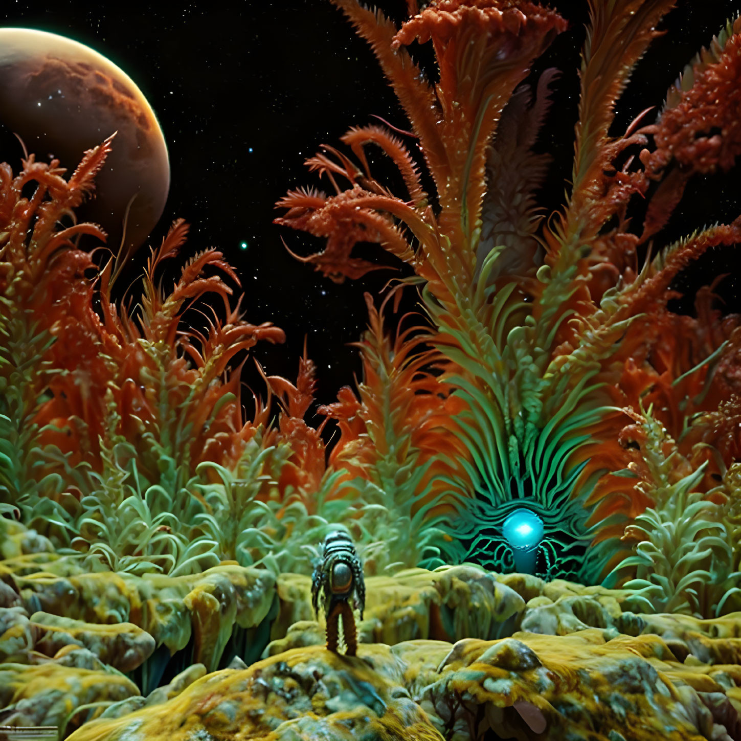 Astronaut on alien landscape with tall orange vegetation under starry sky
