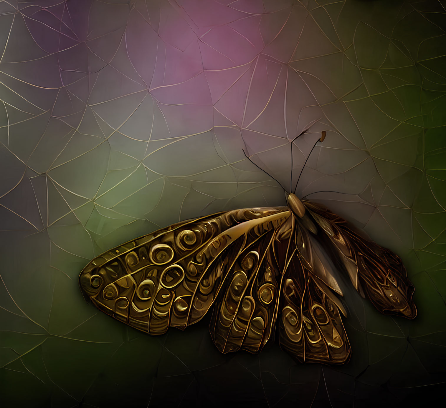Digitally created butterfly with intricate wing patterns on multicolored background