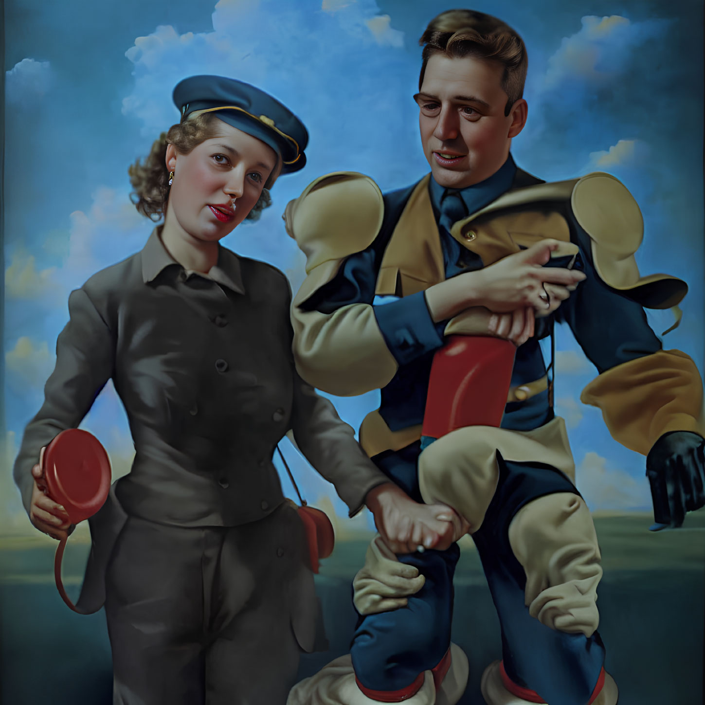 Man in colorful outfit on red mechanical horse with woman in gray uniform and cap, both calm.
