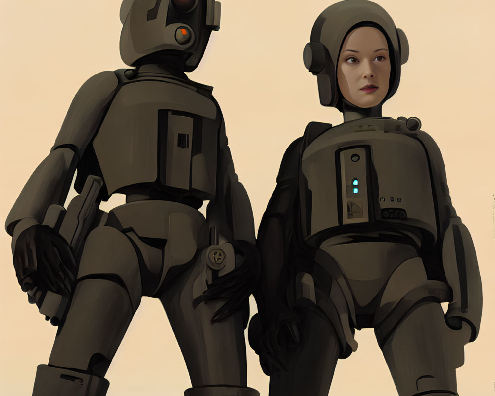 Female astronaut and robotic companion in sleek space suits on tan background