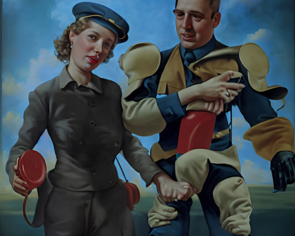 Man in colorful outfit on red mechanical horse with woman in gray uniform and cap, both calm.