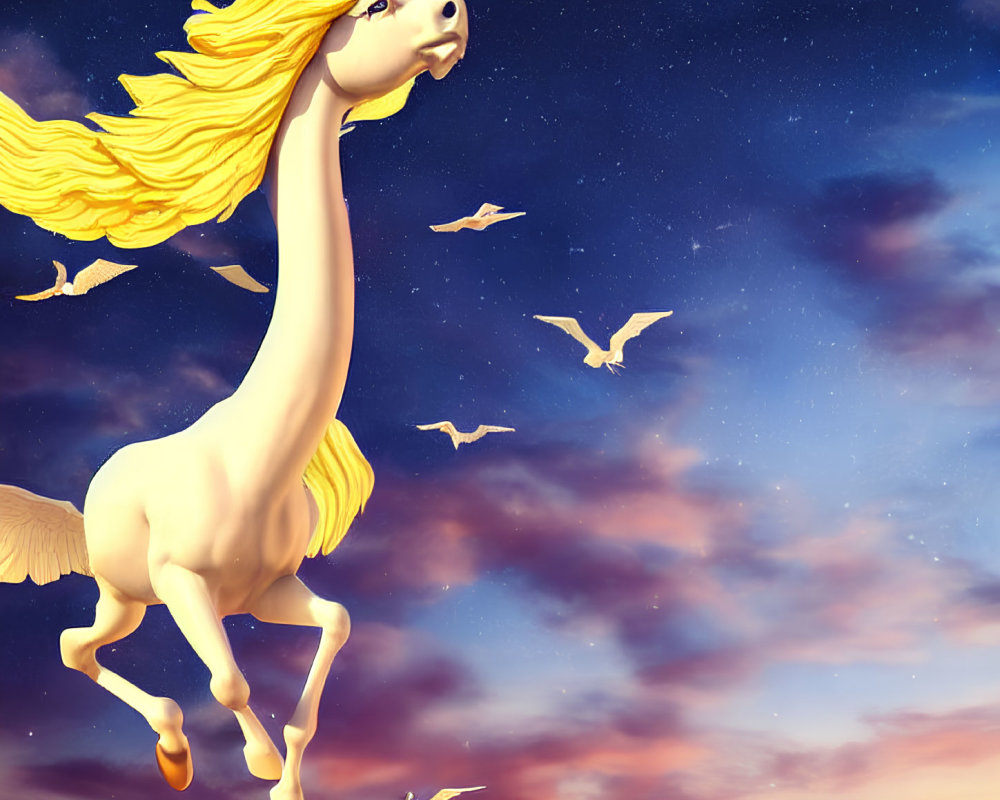 Majestic cream horse with golden mane against twilight sky filled with birds