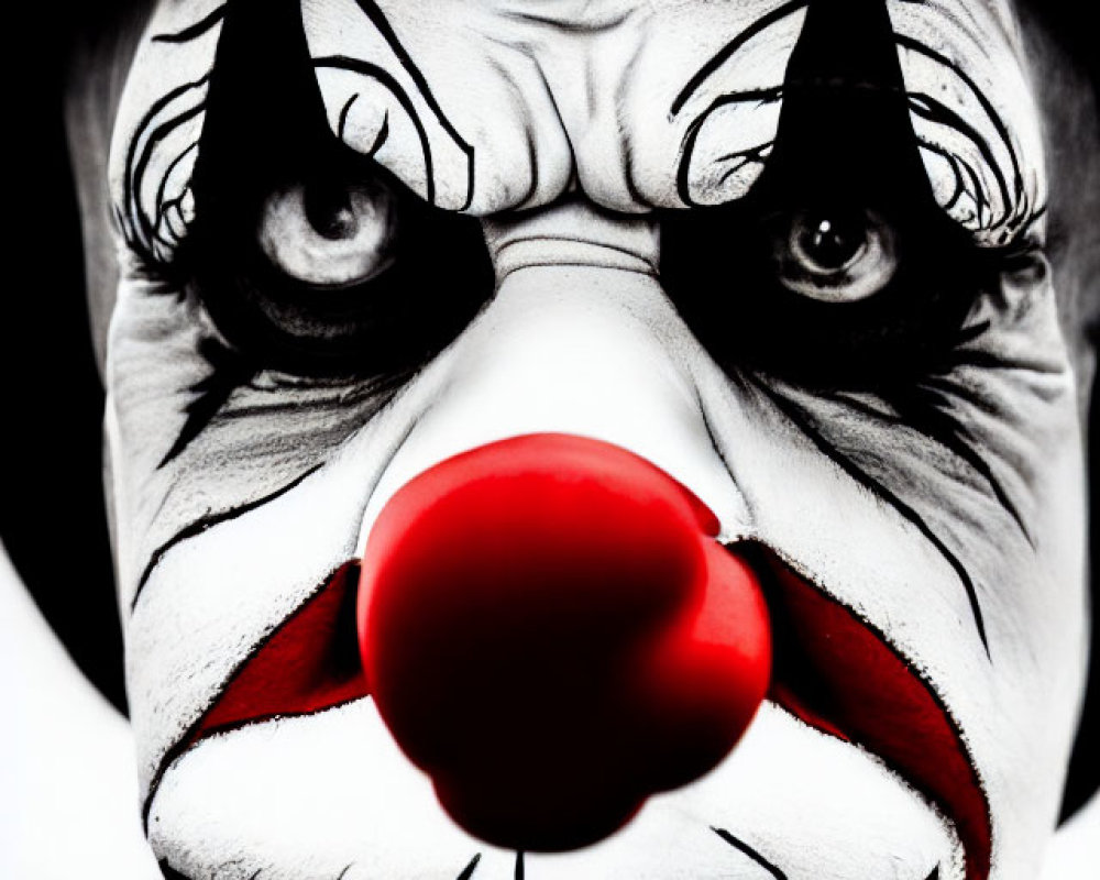 Detailed Close-Up of Person with Clown Makeup - Red Nose, Black & White Face Paint, Menacing