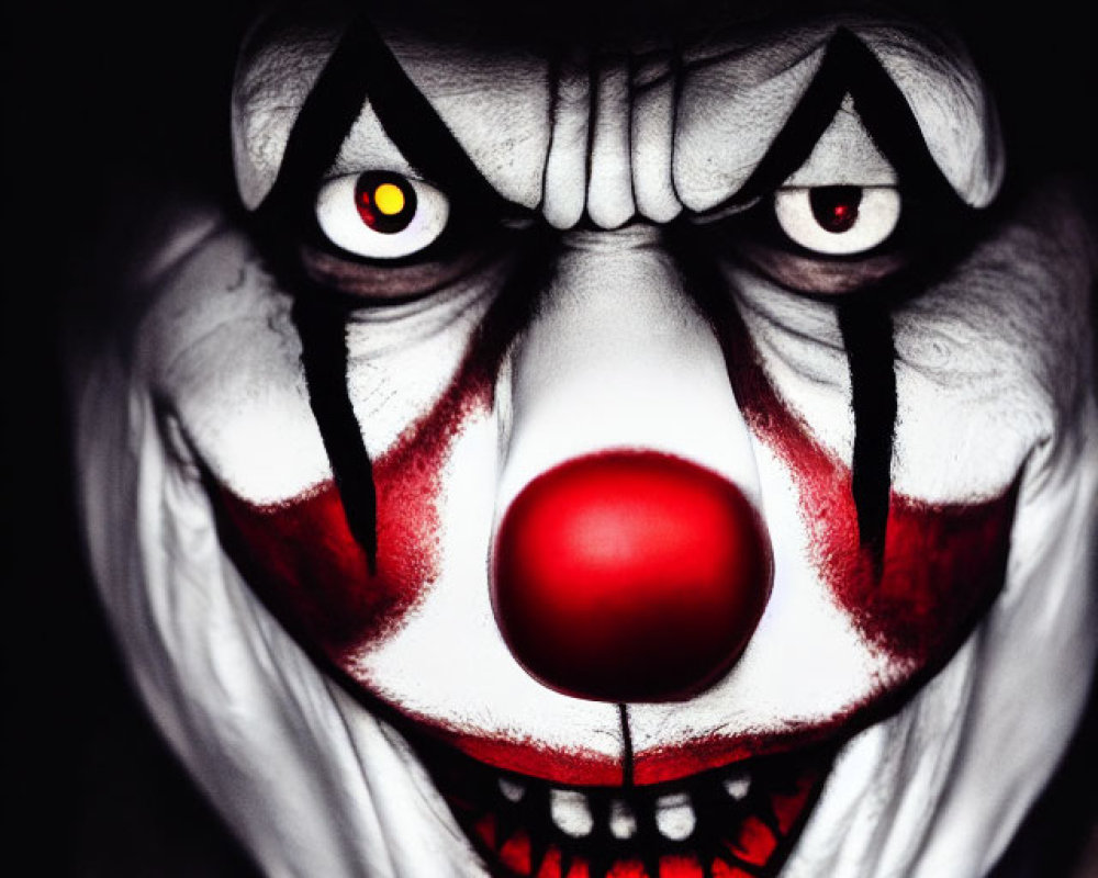 Detailed Close-Up of Sinister Clown with White Face and Red Accents