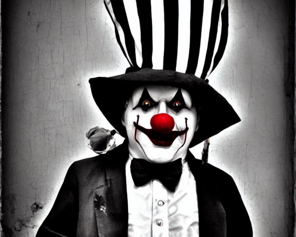 Monochrome clown with striped hat and menacing smile against cracked wall