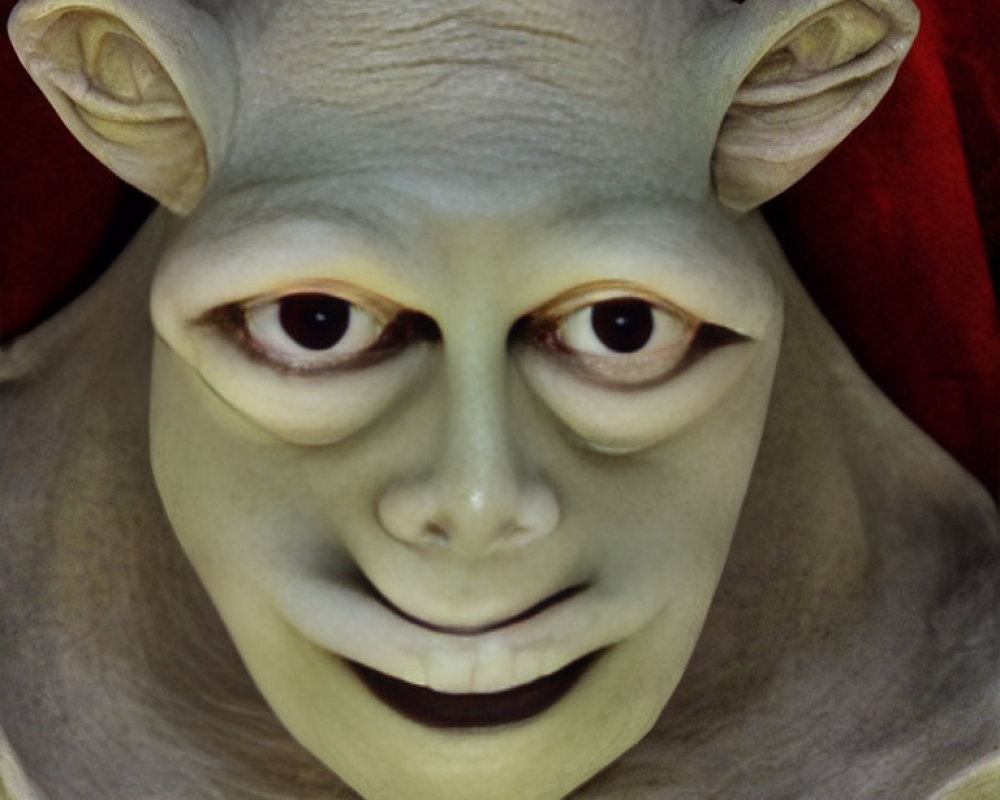 Realistic Shrek mask with mischievous smile and big ears on red background