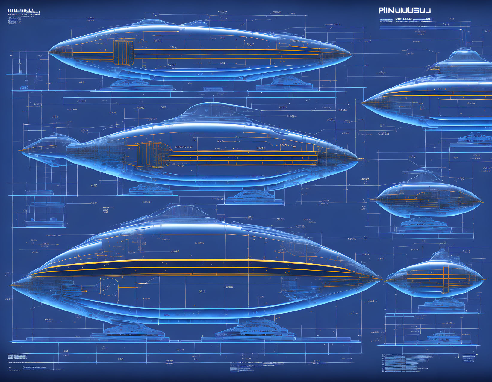 Detailed Blueprint Poster of Futuristic Submarine or Ship Designs