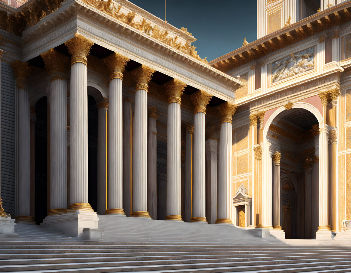 Neoclassical Building with Tall Columns and Ornate Gold Details