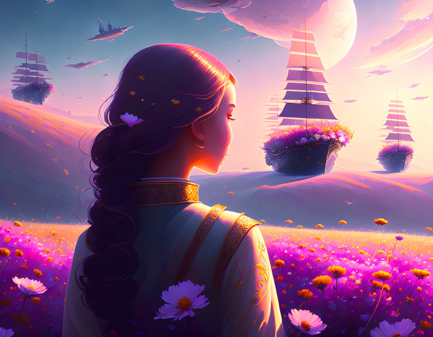 Woman admires floating ships in vibrant sunset over purple flower field