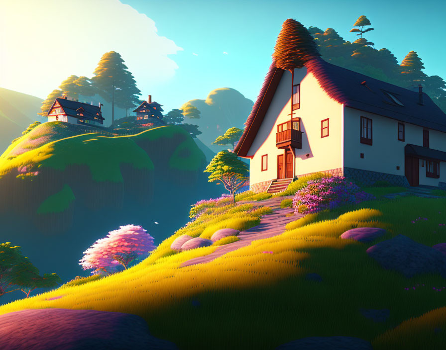 Charming houses on lush hills with colorful flowers in golden hour