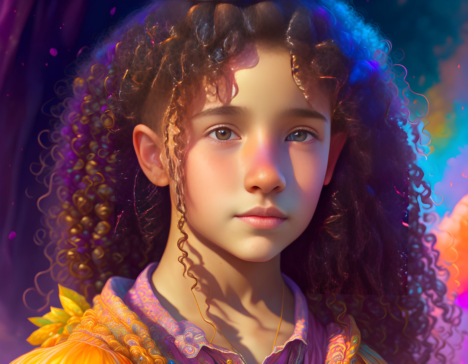 Young girl with curly hair and bokeh light effect portrait.