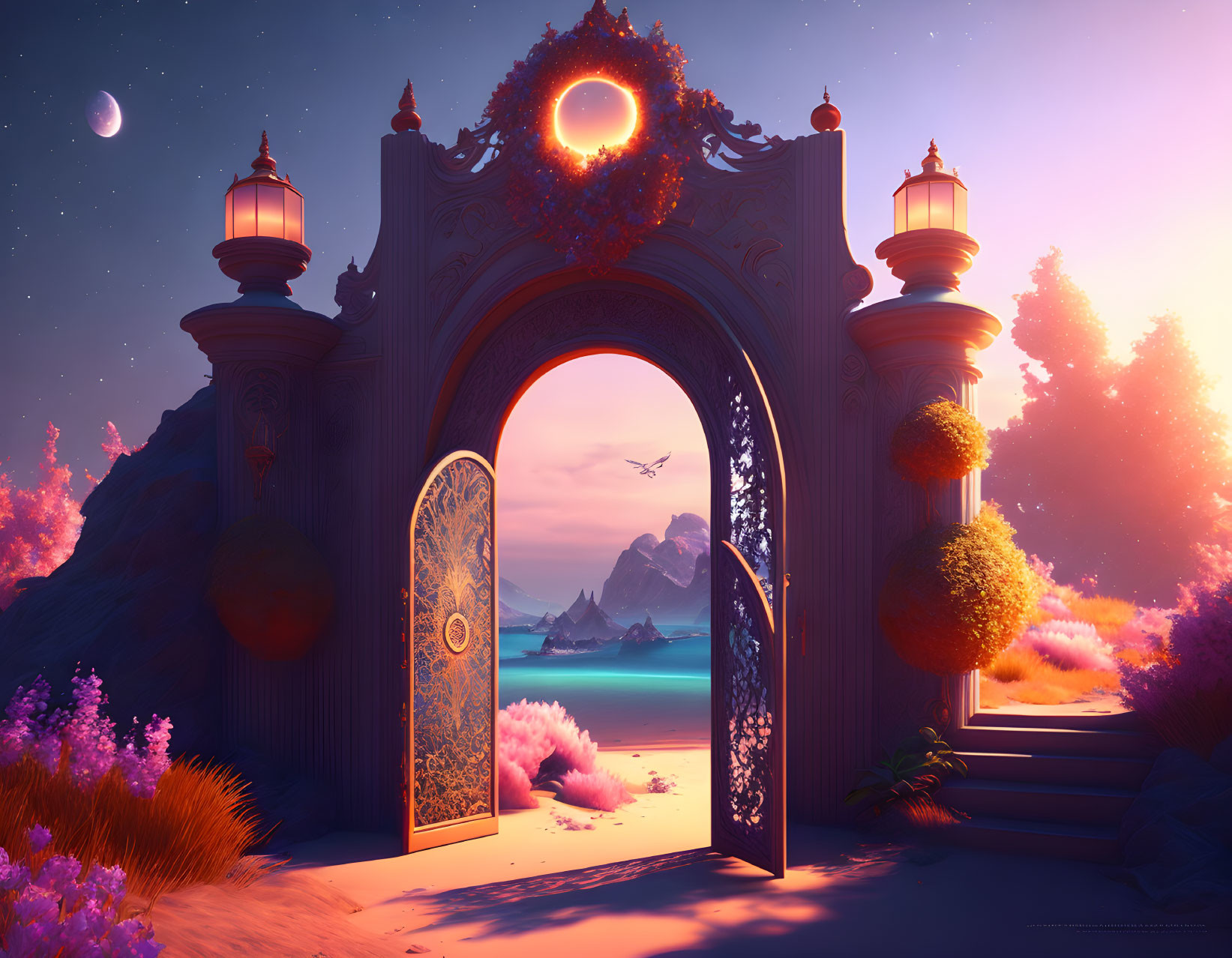 Ornate open gate to magical beach with purple foliage under twilight sky