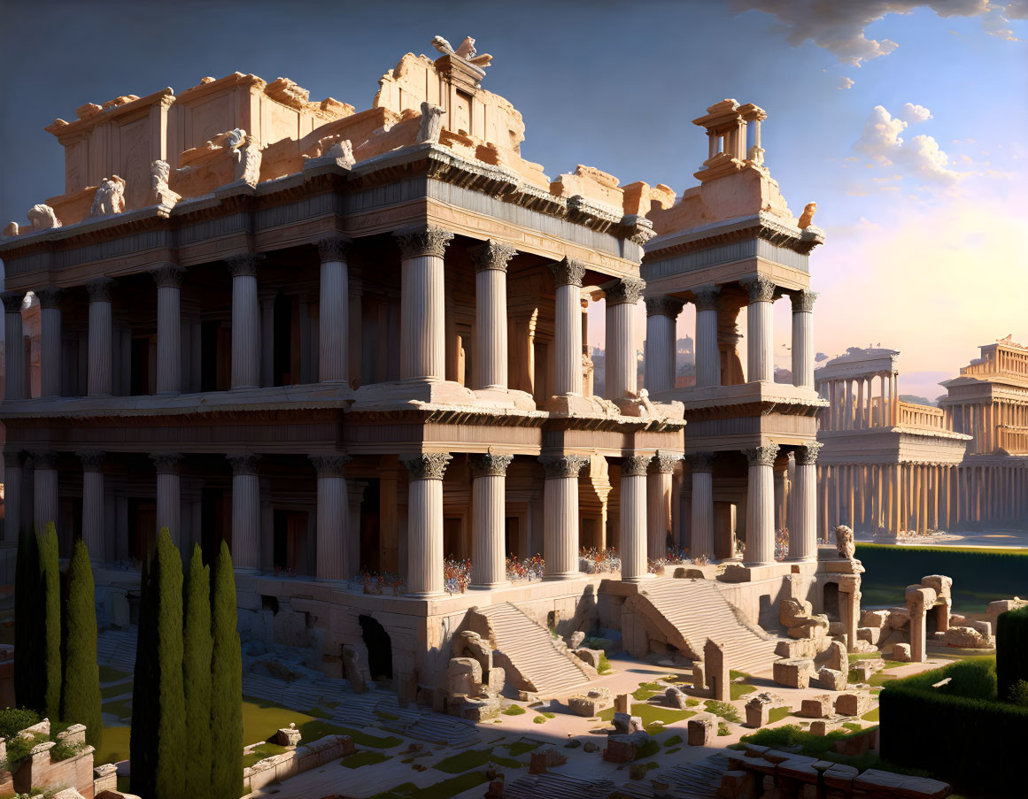 Ancient Greco-Roman style building with columns, staircases, and ruins under dramatic sky