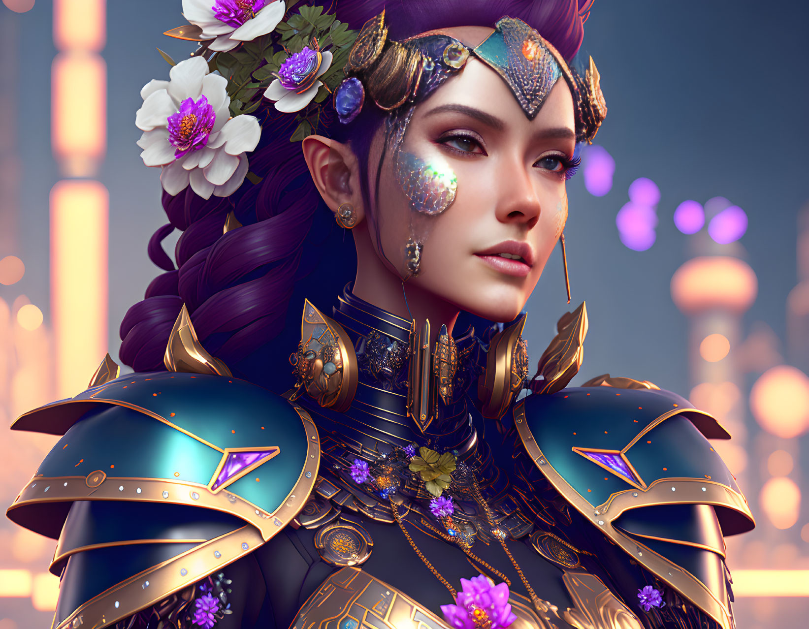 Digital portrait of woman in fantasy armor with elf-like ears & purple gemstones