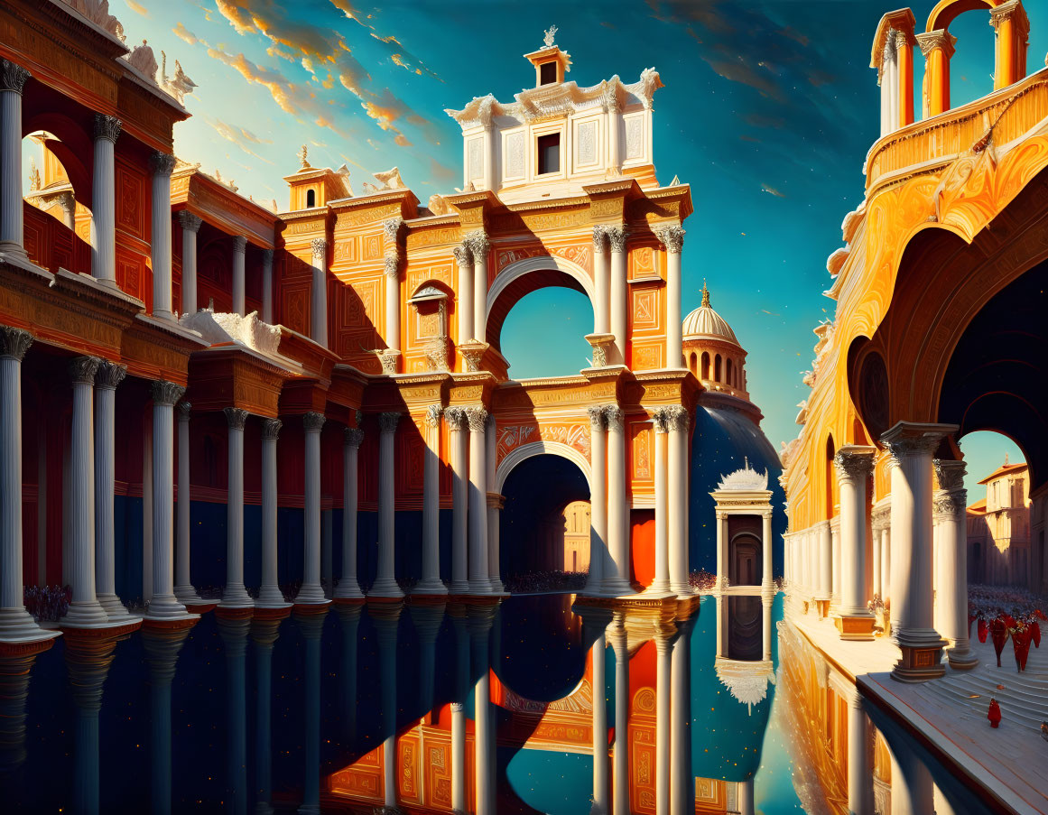 Digital artwork: Classical architecture mirrored in water under vibrant blue sky