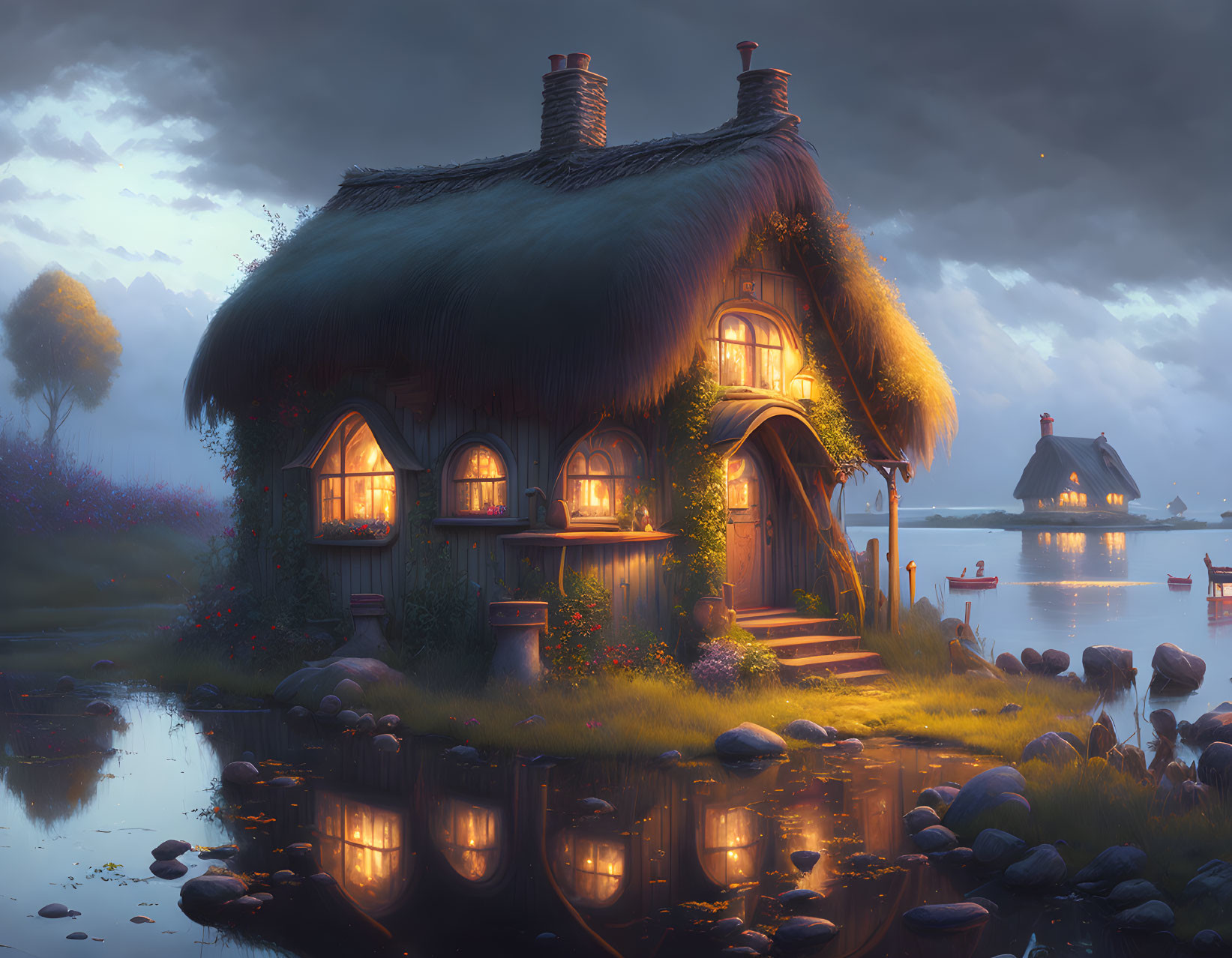 Thatched Roof Cottage by Calm Lake at Dusk