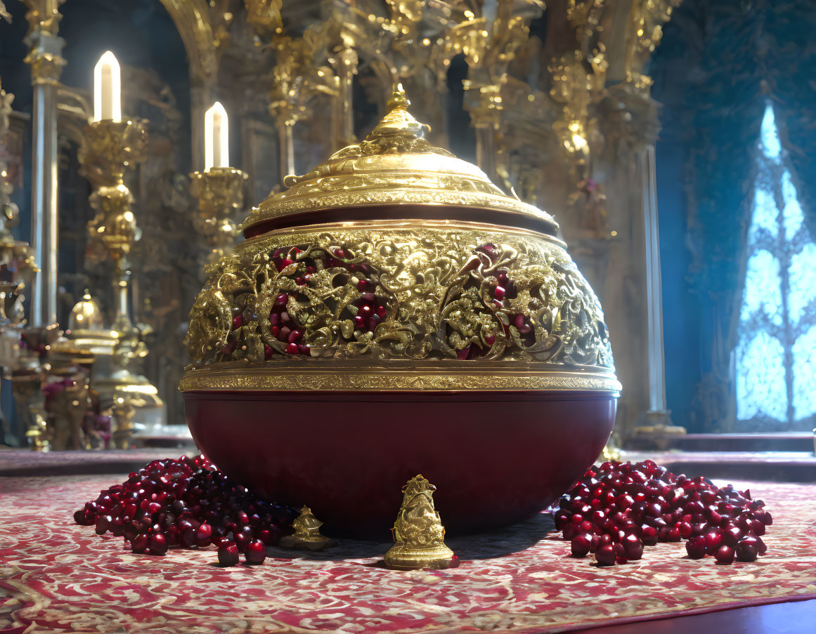 Golden Decorated Censer on Red Fabric with Berries, Candles, and Stained-Glass