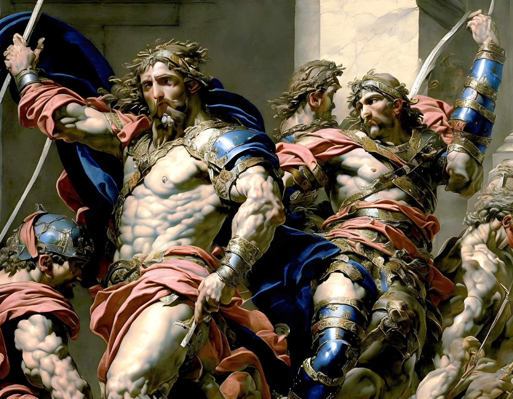 Classical painting of muscular warriors in ancient armor led by a figure in a blue cape