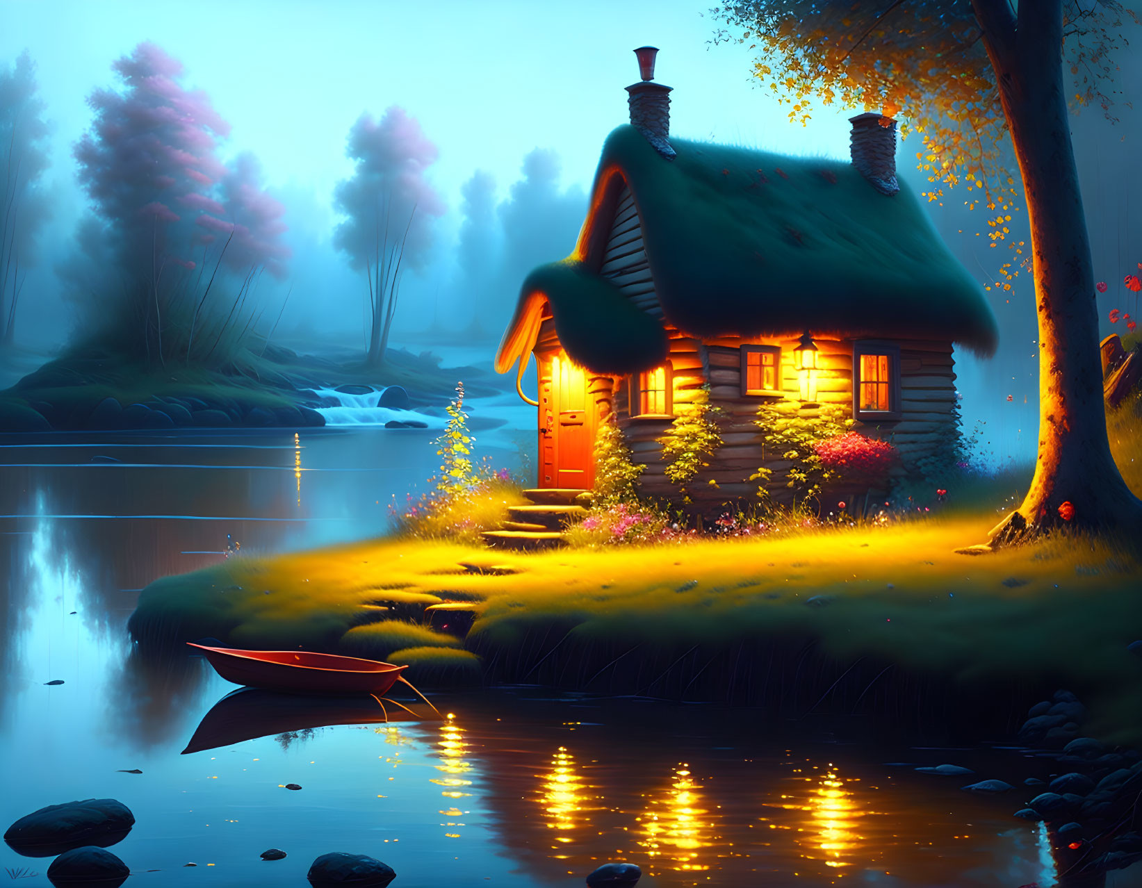 Tranquil river twilight scene with cozy cottage and glowing lights