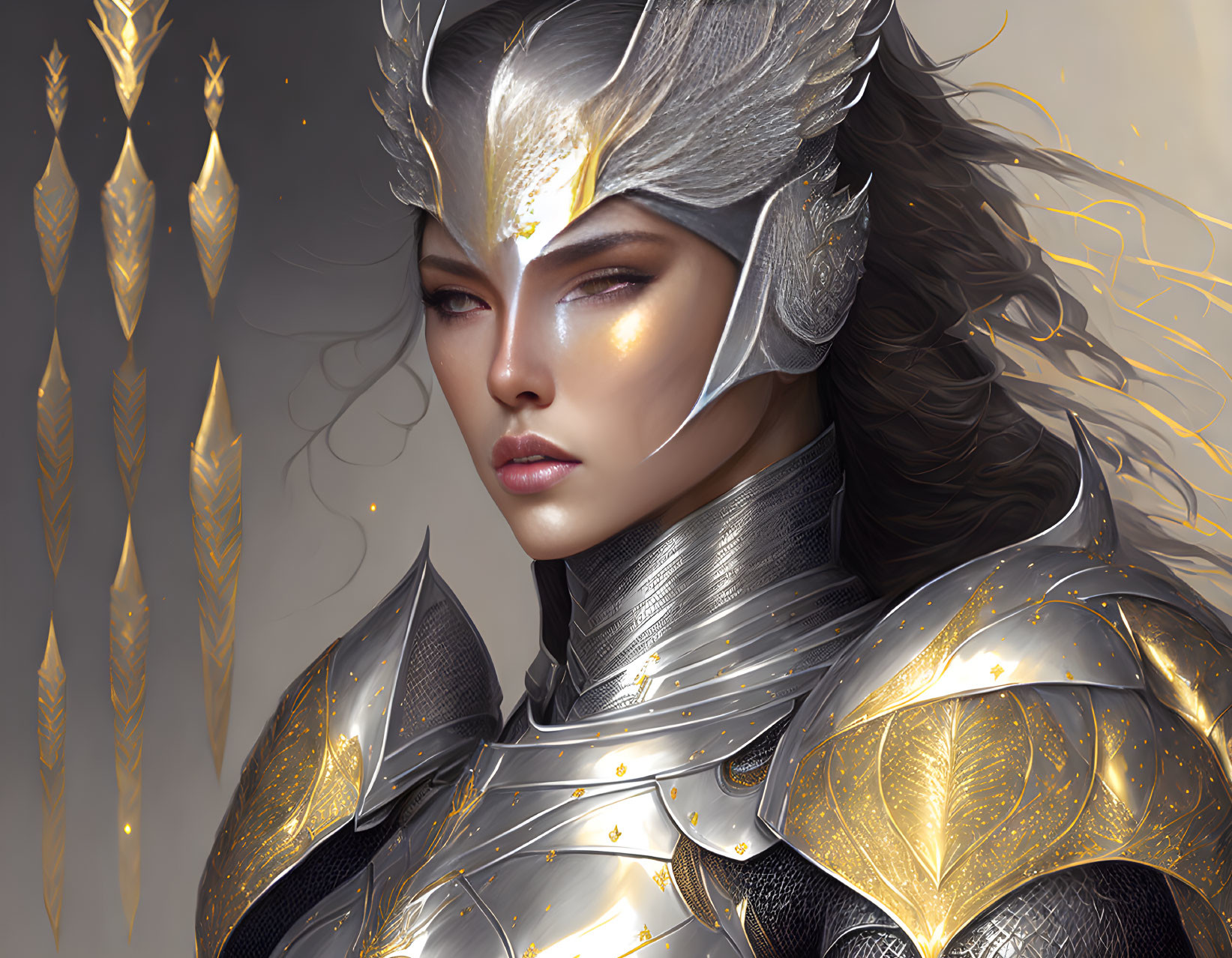 Digital artwork of woman in ornate silver and gold armor with wing motif helmet.