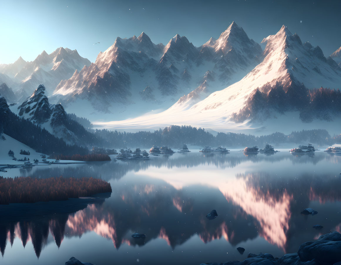 Snow-capped mountain lake at dawn or dusk with mist above