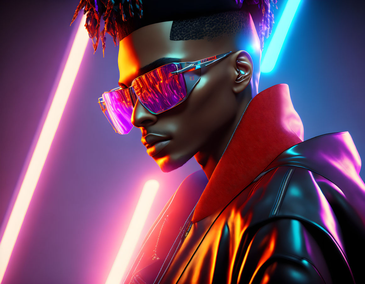 Vibrant 3D illustration of person in neon lights and futuristic attire