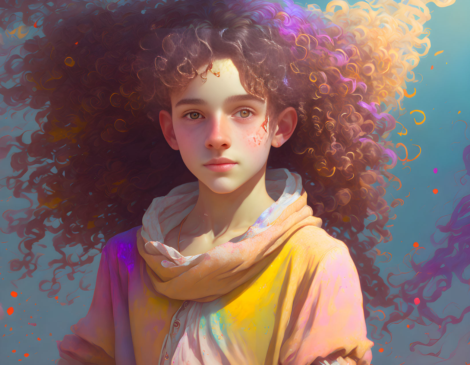 Voluminous Curly Hair Young Person in Digital Illustration