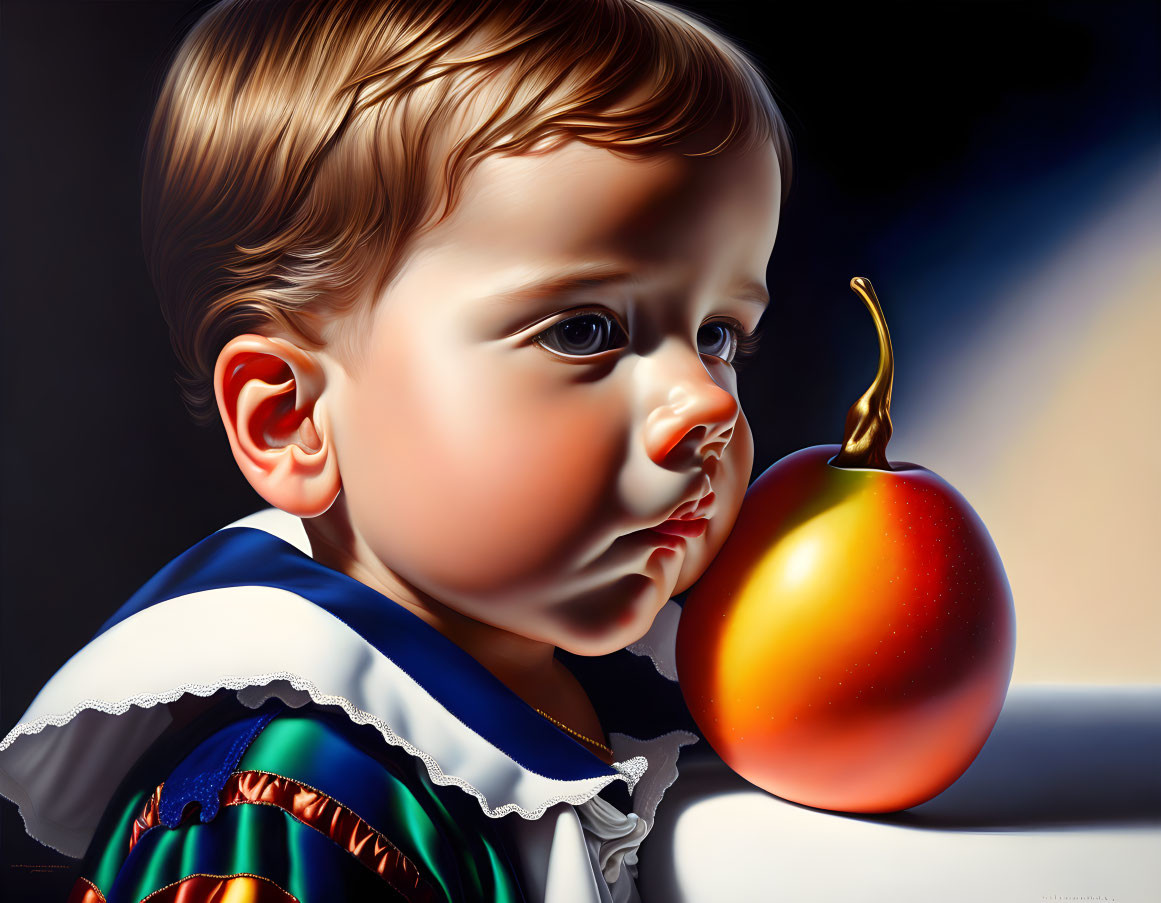 Hyper-realistic Painting of Toddler with Red-Yellow Apple