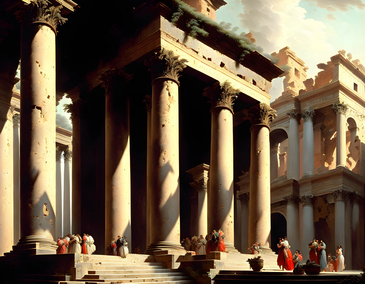 Ancient Roman-themed painting with people in ruins and dramatic lighting