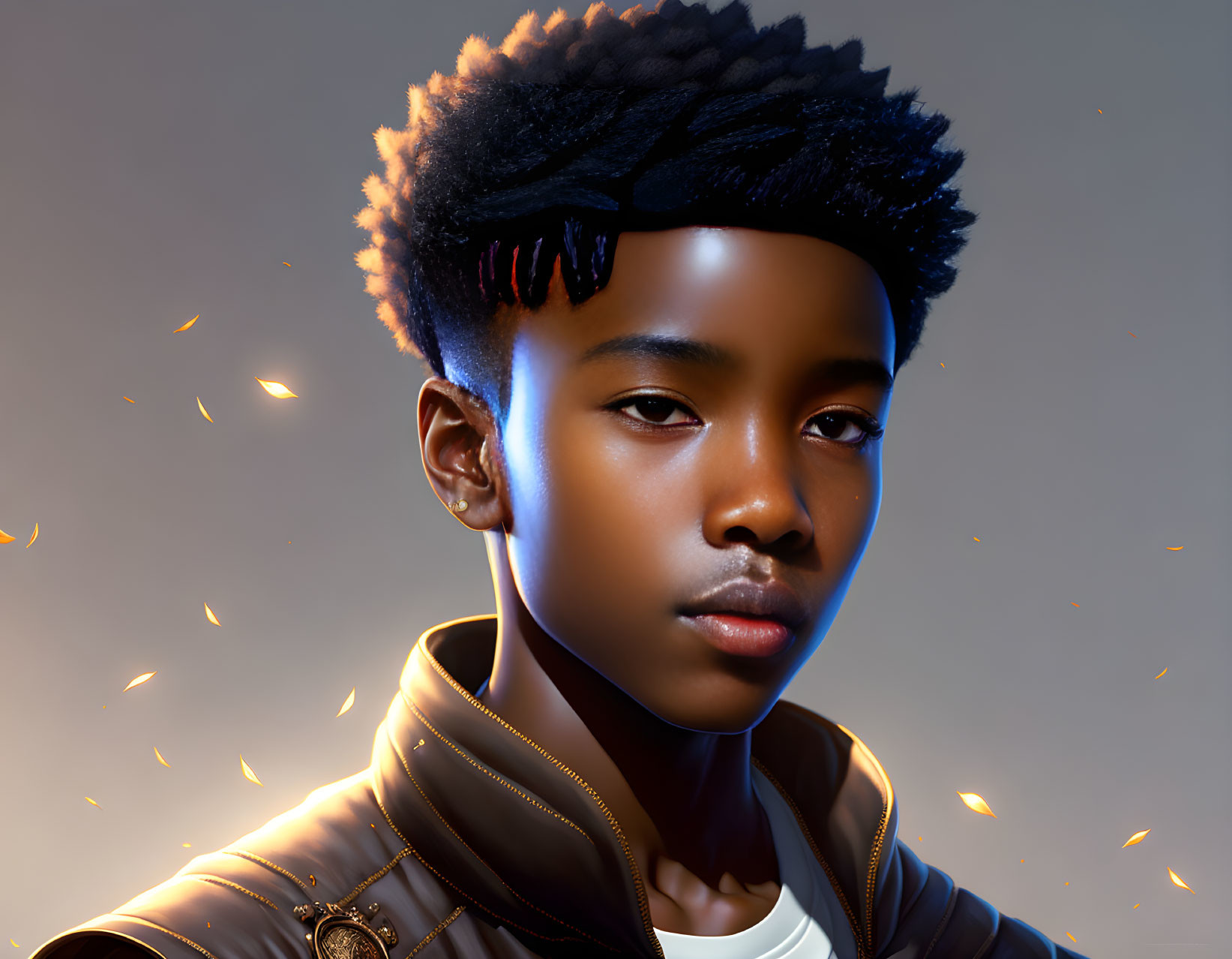 Digital portrait of young male with unique hairstyle, highlights, jacket, sparks background