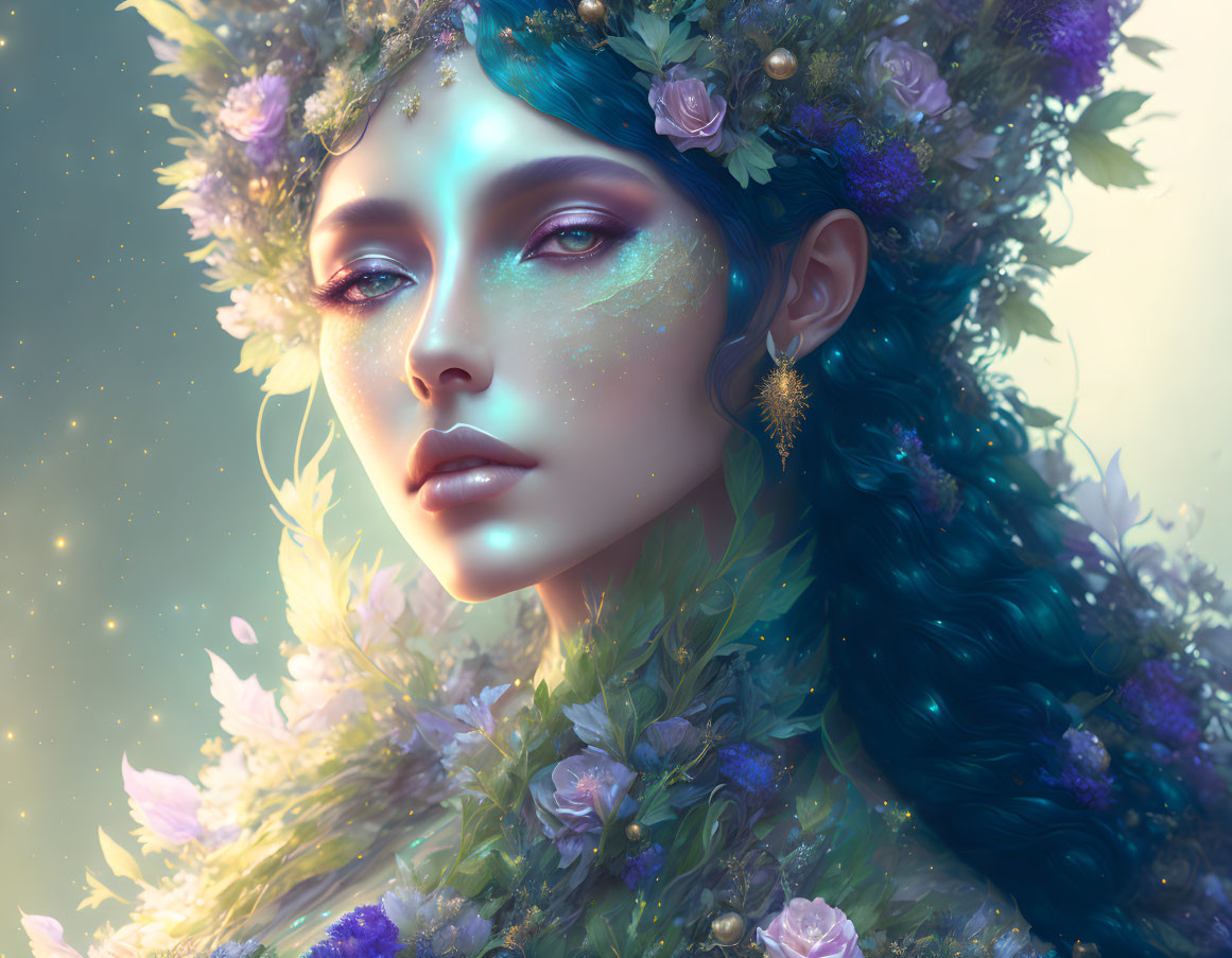 Fantastical female figure with blue skin and floral crown portrait.