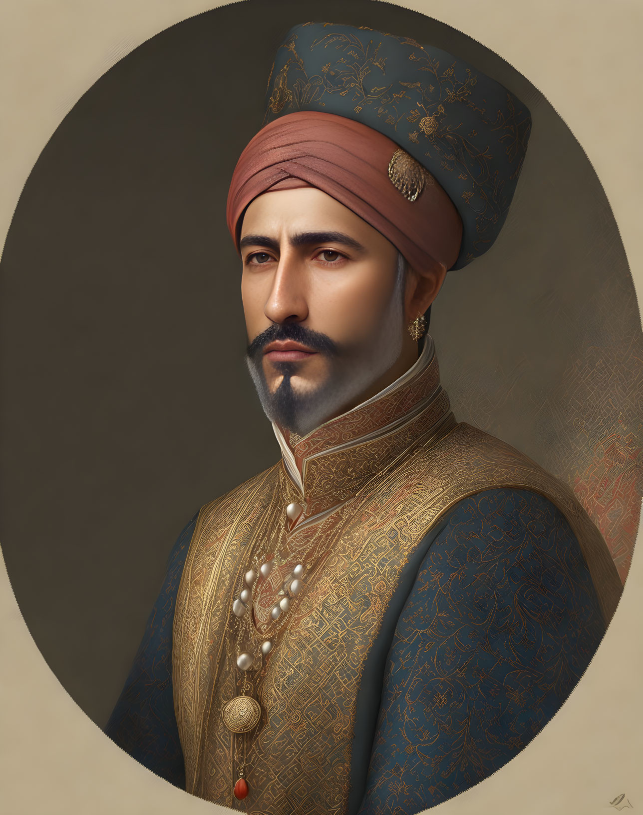 Digital painting of man in historical Ottoman attire with turban and stern expression