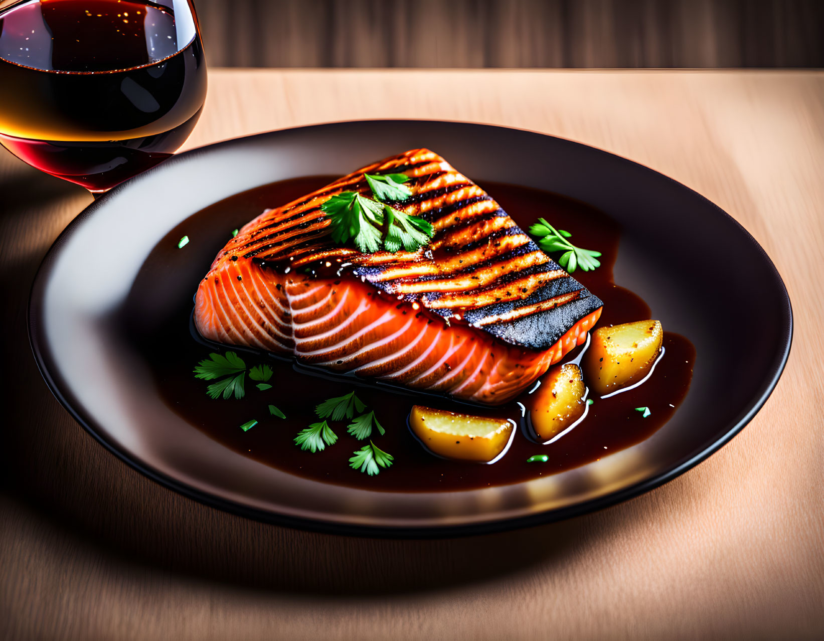 Grilled Salmon Fillet with Lemon Slices and Red Wine