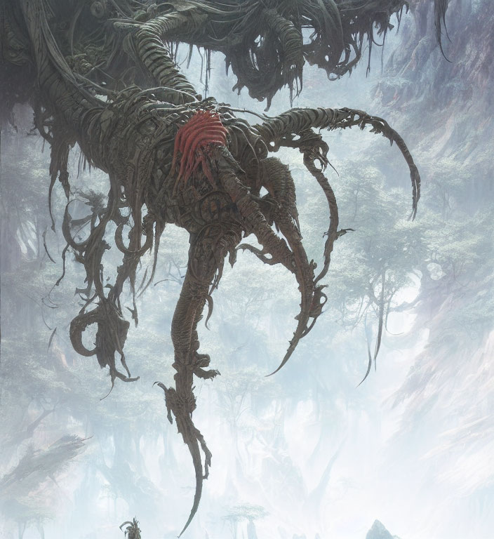 Fantastical creature with long tentacles in misty forest canopy