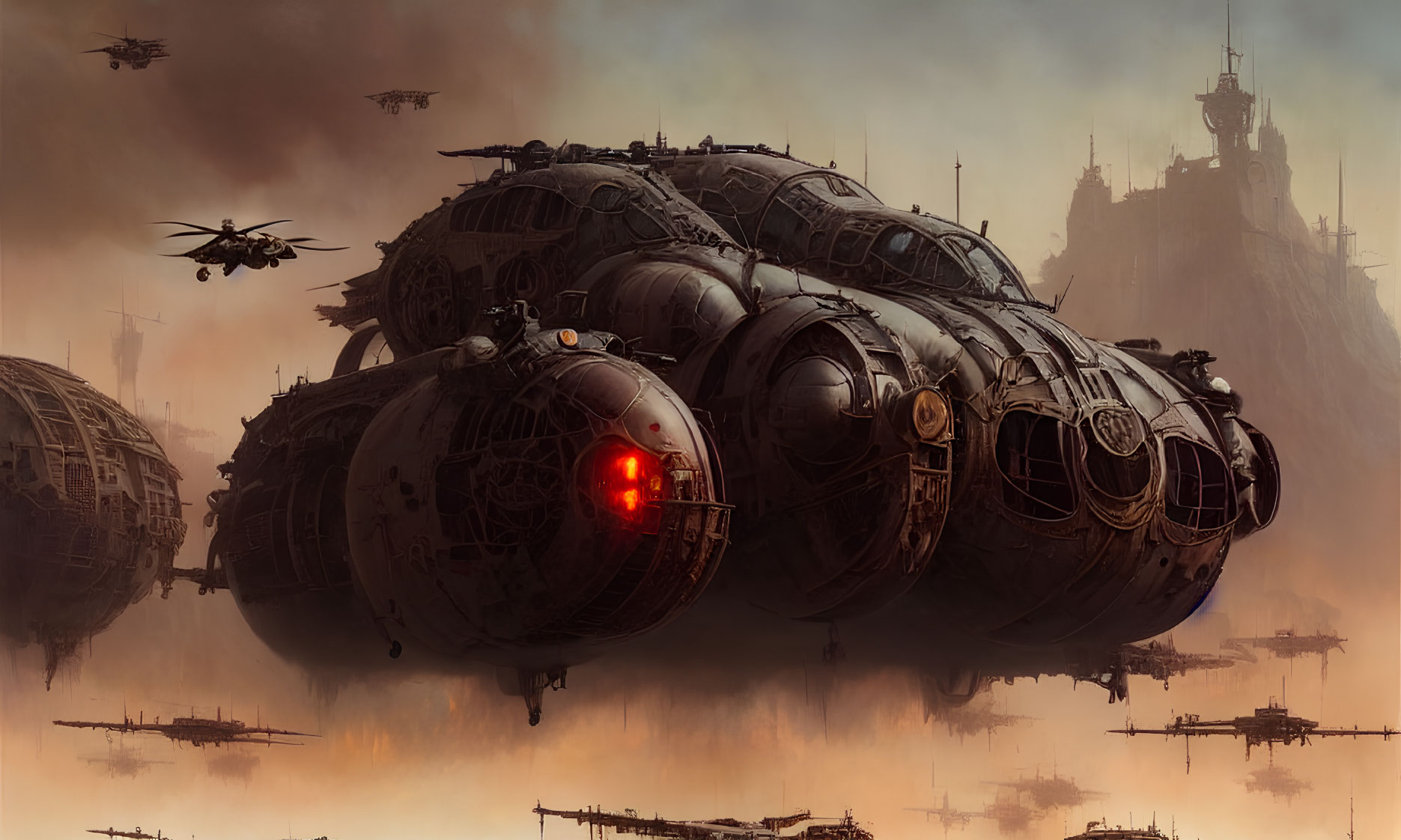 Dark Dystopian Landscape with Red Glowing Eye and Airships