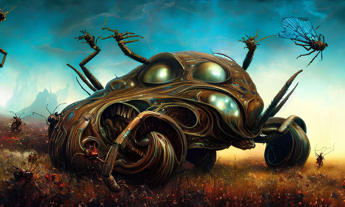 Surreal steampunk scene with mechanical beetle and insects in dystopian landscape