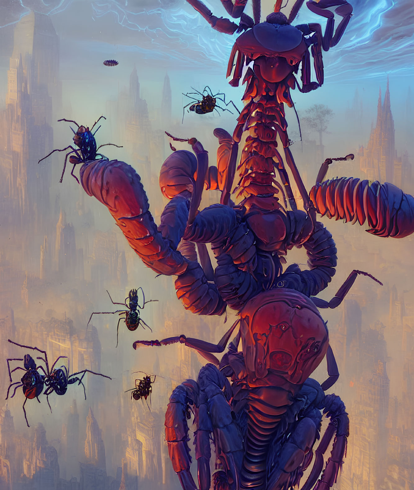Enormous biomechanical centipede in dystopian landscape