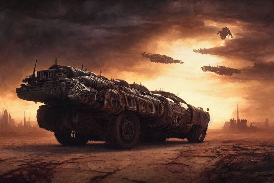 Armored train in dystopian desert with hovering airships