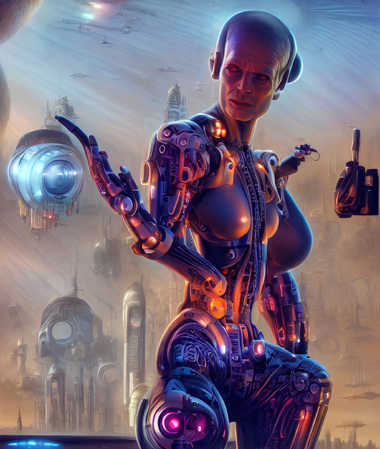 Futuristic cyborg with robotic hand in advanced cityscape