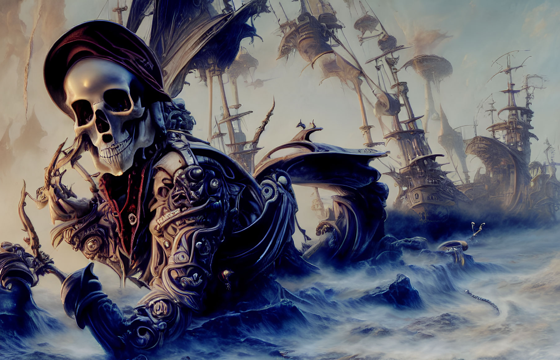 Fantasy Artwork: Skull with Pirate Hat on Ornate Armor, Ships and Sea Background