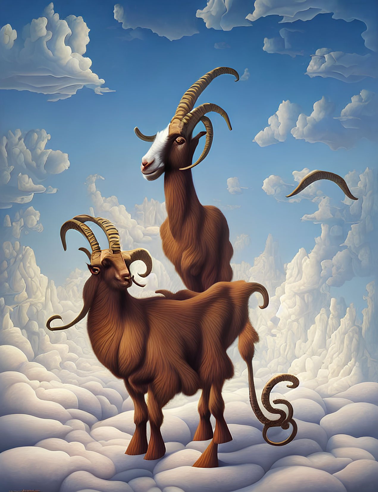 Surreal goats with long horns standing back-to-back against sky and clouds