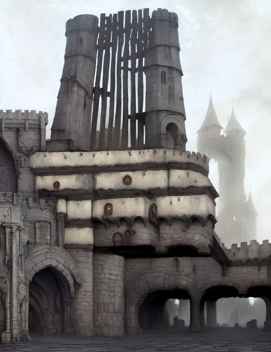 Stone fortress with cylindrical tower and archways in misty setting