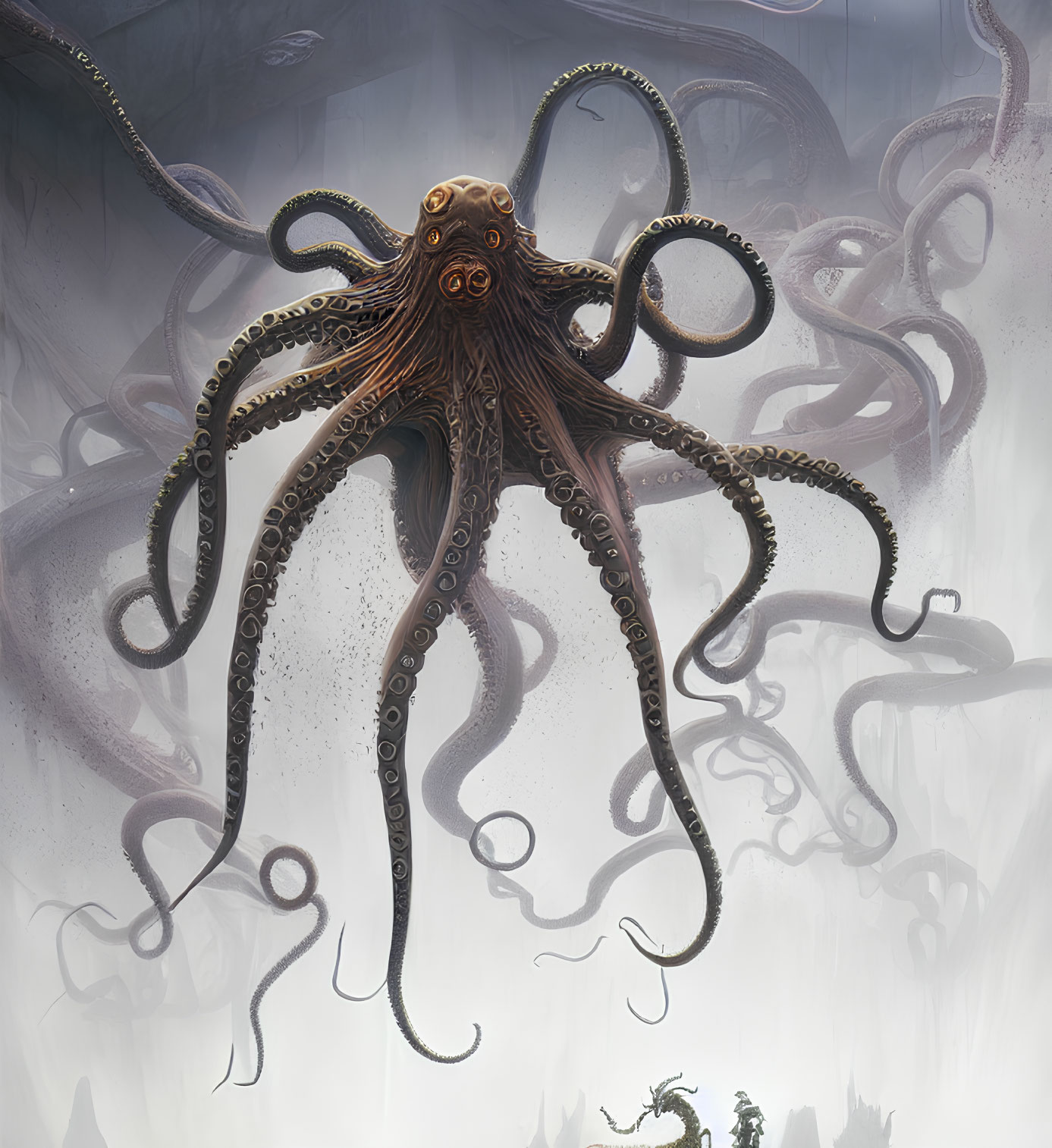 Detailed Illustration: Giant Octopus with Intricate Tentacle Patterns in Ominous Underwater Setting