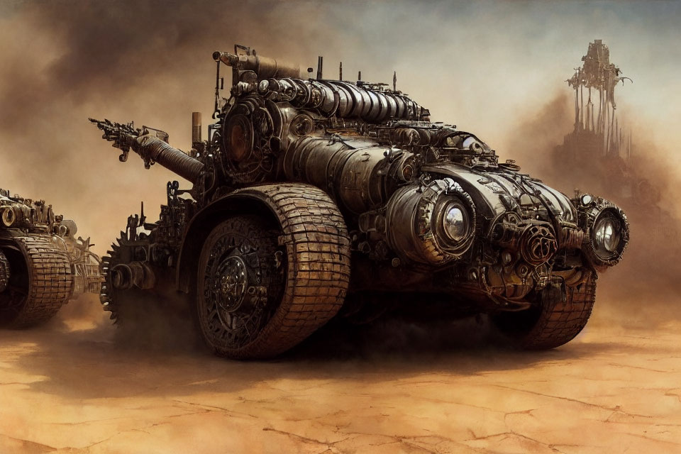 Dystopian vehicle with oversized tires and multiple engines in barren landscape
