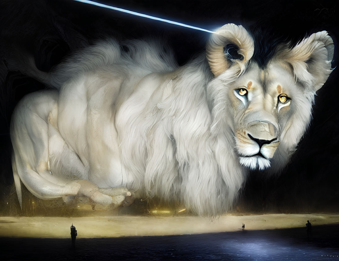 White lion with luminous eyes resting in dark space with two human figures.
