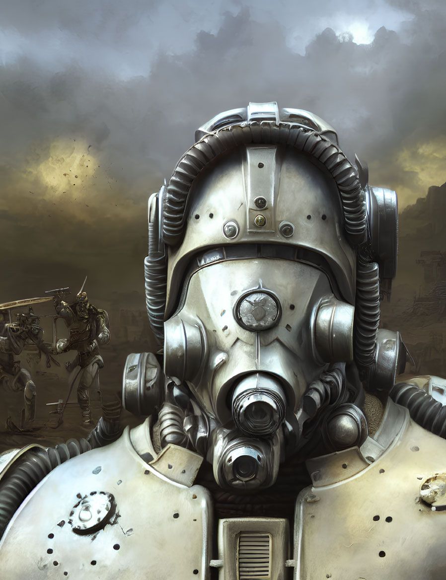 Detailed futuristic soldier in heavy armor on dystopian battlefield