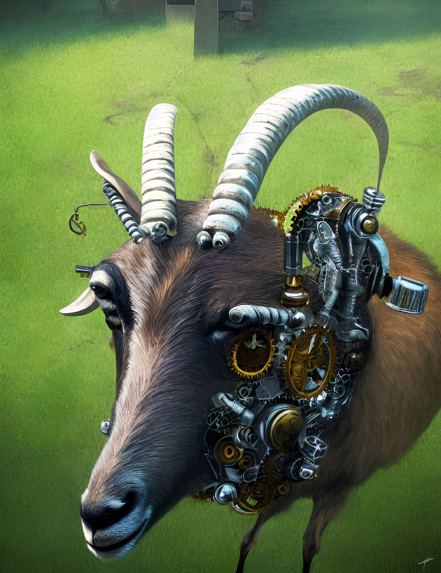 Surreal goat illustration with mechanical parts on one side